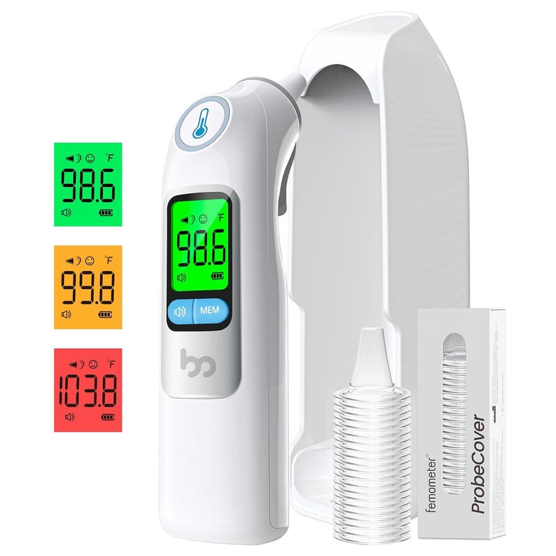 Femometer Infrared Ear Thermometer for Adults & Kids, Highly Accurate, 1s Result, 30 Memory Recall, 3-Color Fever Alarm, with 21 Disposable Probe Covers & Storage Case - Image 1